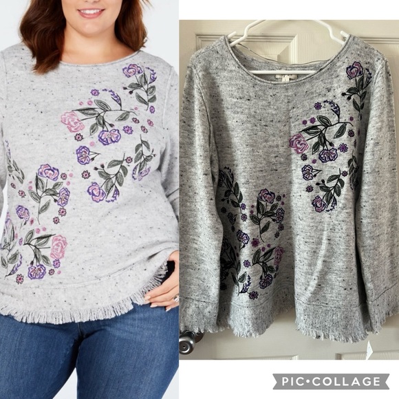 Style & Co Embroidered Fringed Sweater Heathered Gray Size Large - Picture 1 of 6